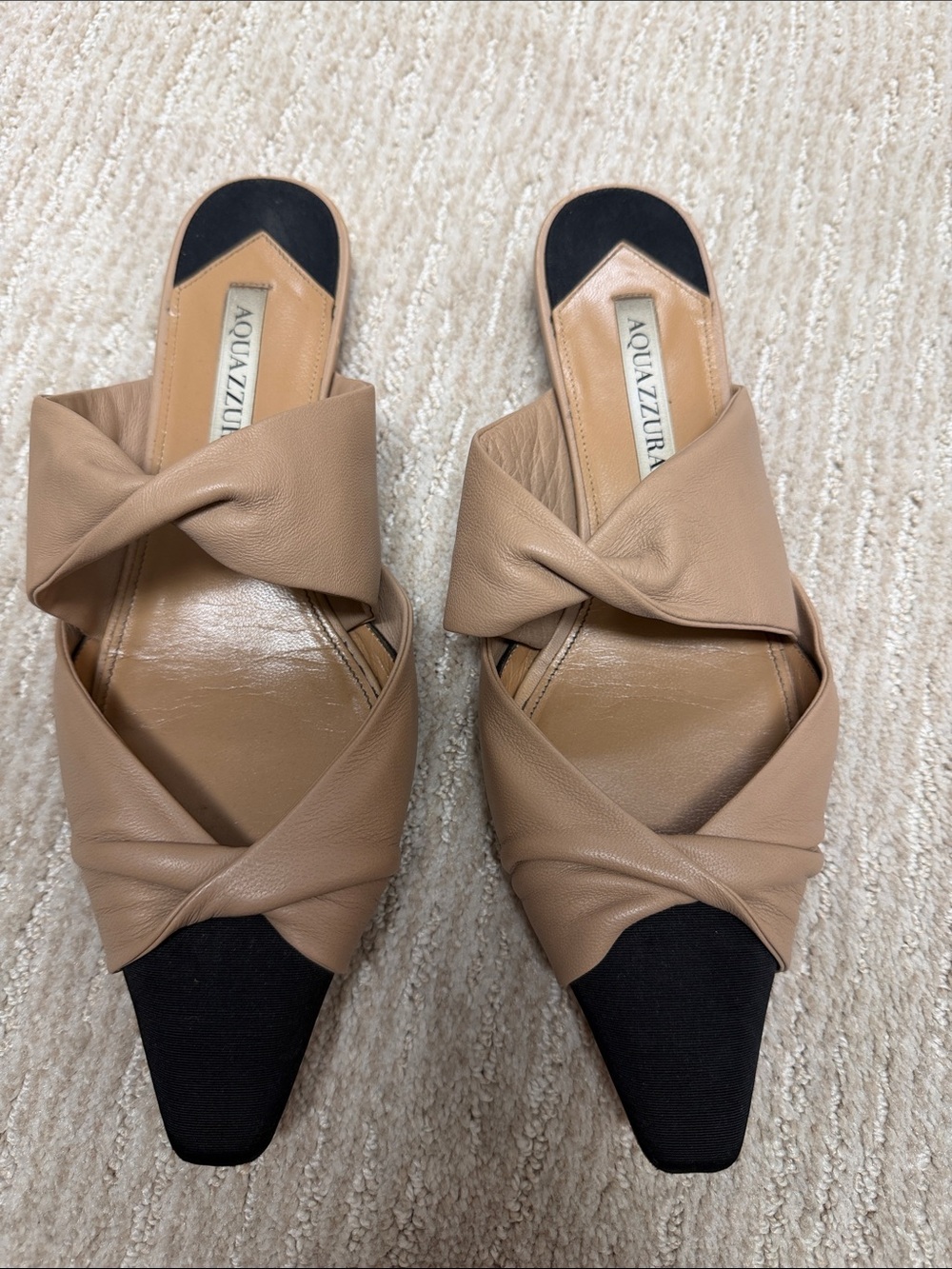 Aquazzura Beige Tan Leather Knot Slide Mules with Black Pointed Toe